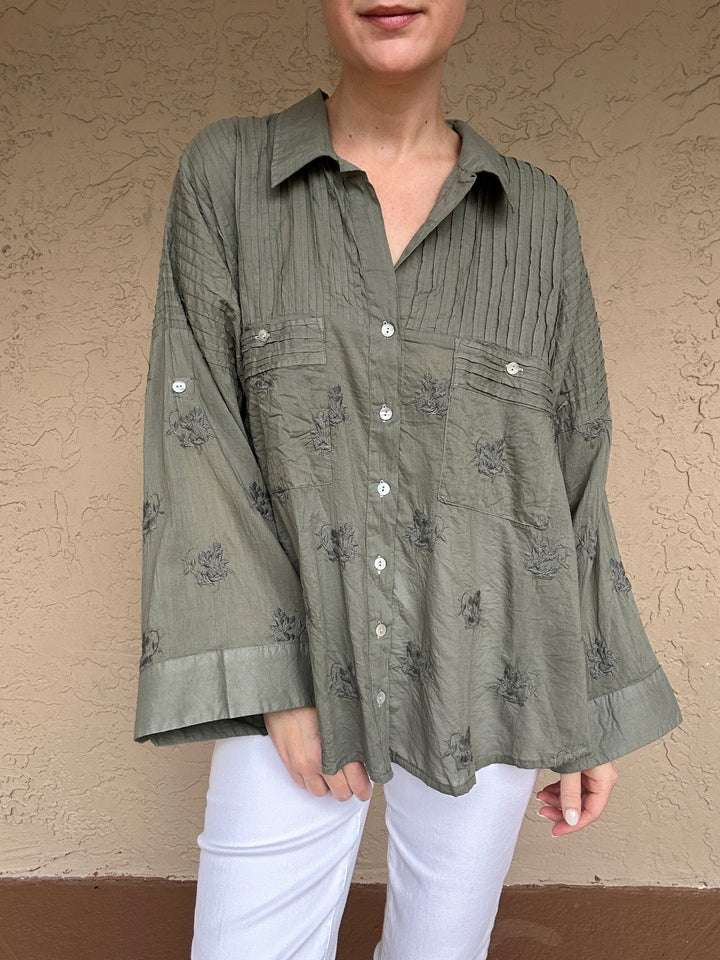Embroidered Button Down Shirt in Sage
