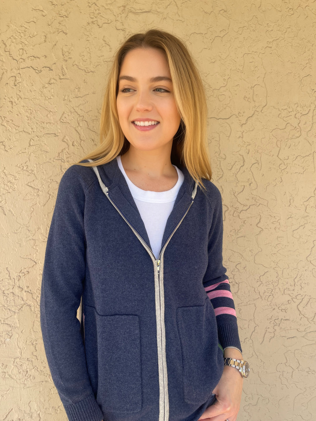 Women smiling wearing her Zaket & Plover Zip Up Hoodie - Denim