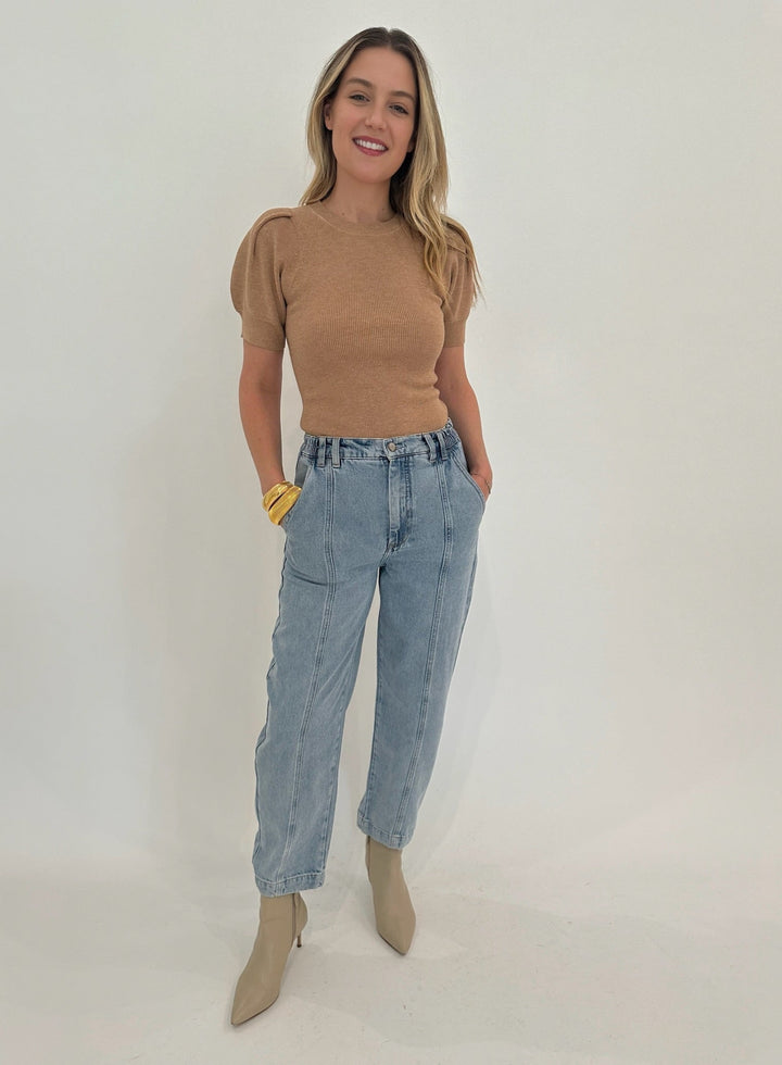 Pistola Court Mid Rise Relaxed Straight Denim Pants in Jardin paired with Marella Anfora Short Sleeve Sweater in Camel