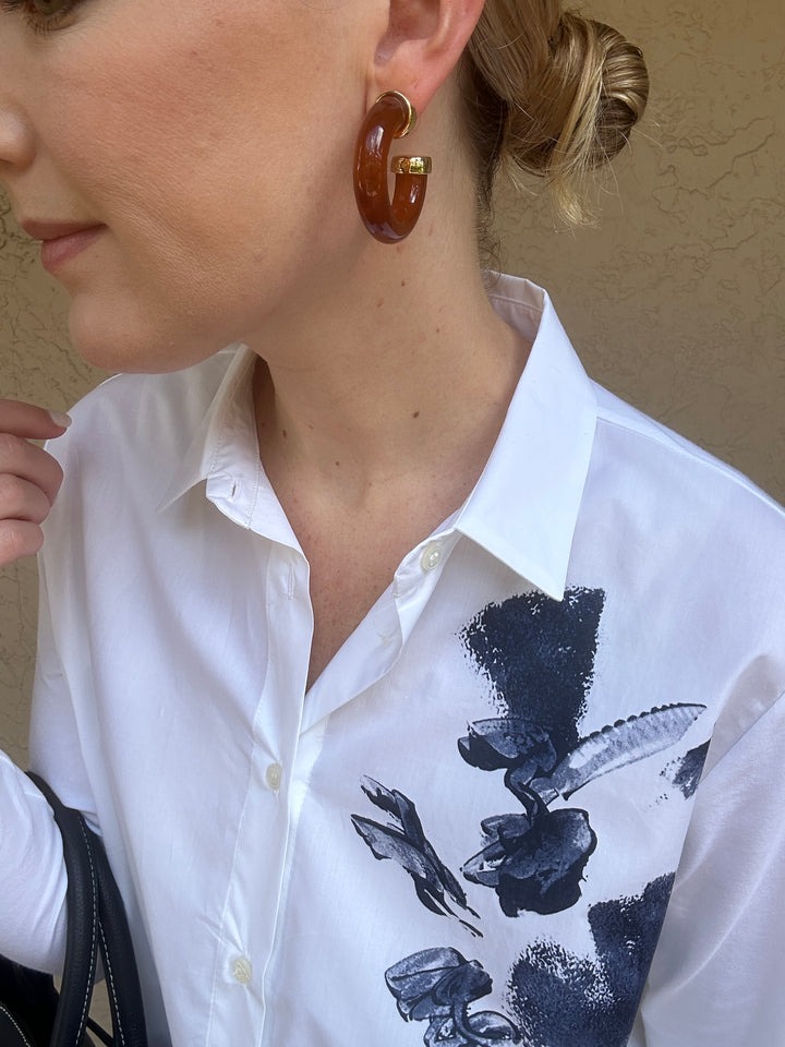 Tortoise with Polished Gold Ends Tube Hoop Pierced Earrings