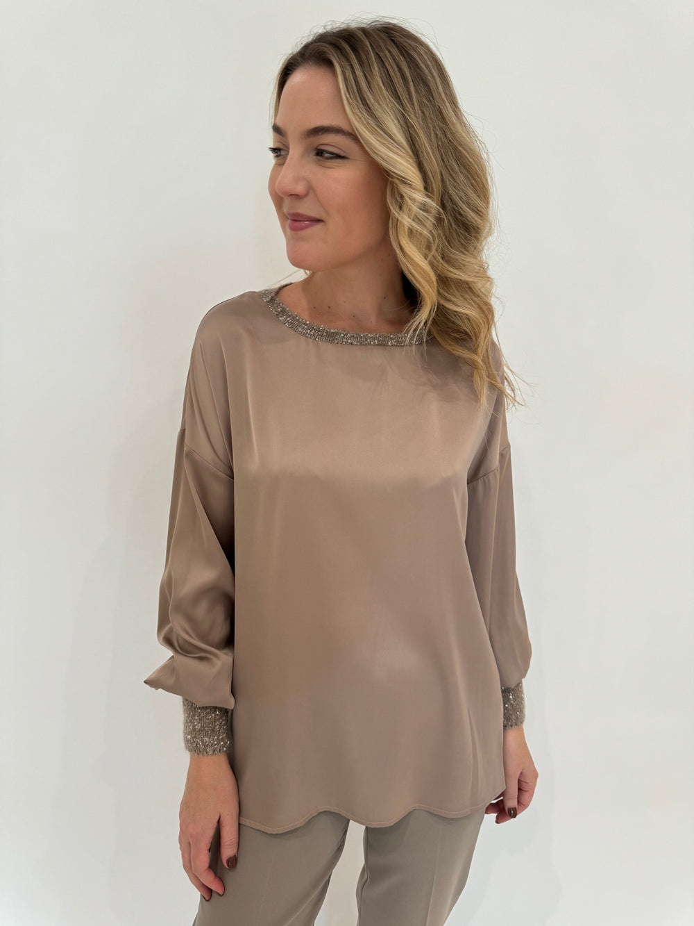 D.Exterior Puff Sleeve Mini Sequin Top in Nocciola available at Barbara Katz