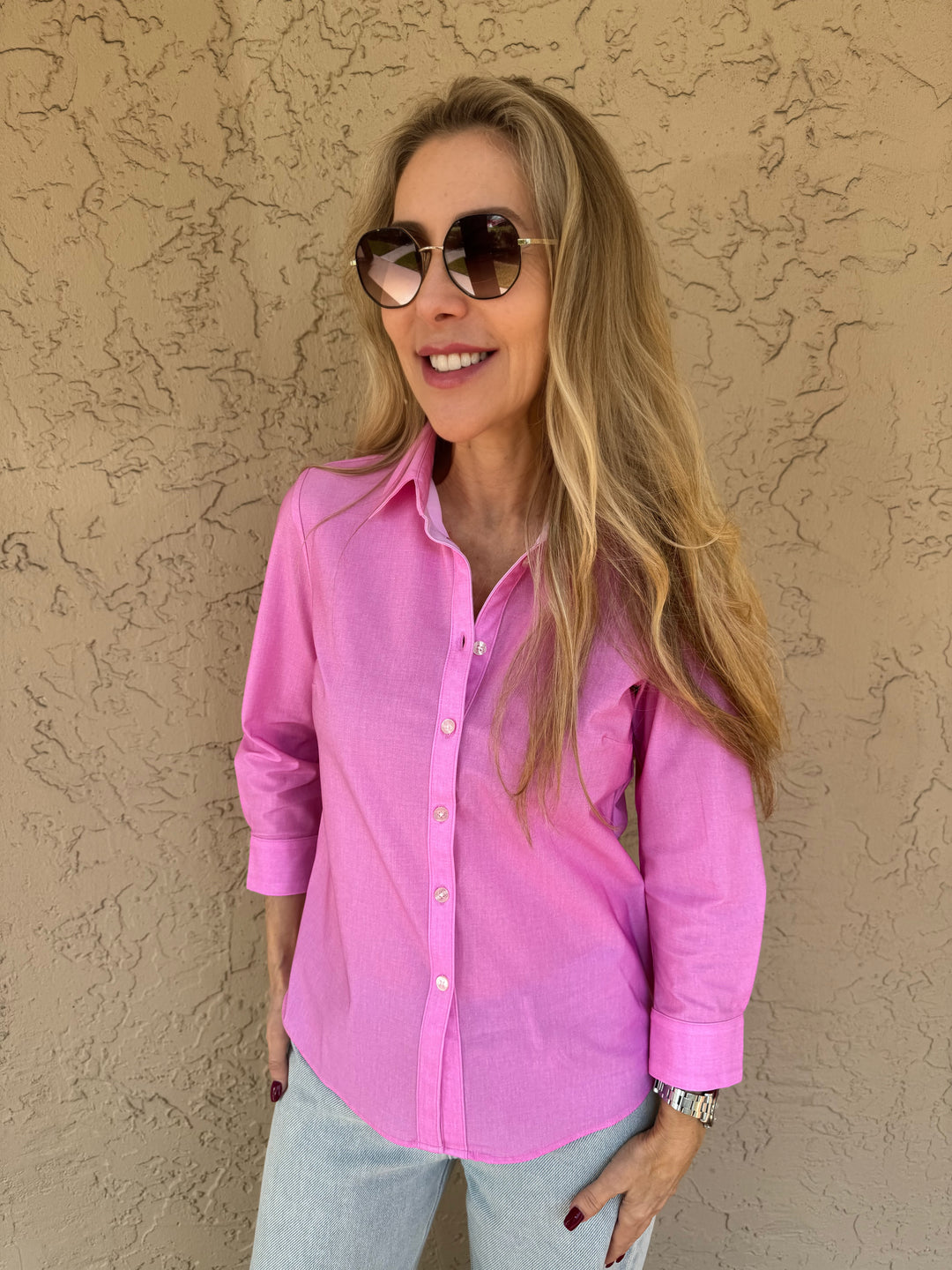 Ameliora Diane 3/4 Sleeve Shirt in Rose - Front View