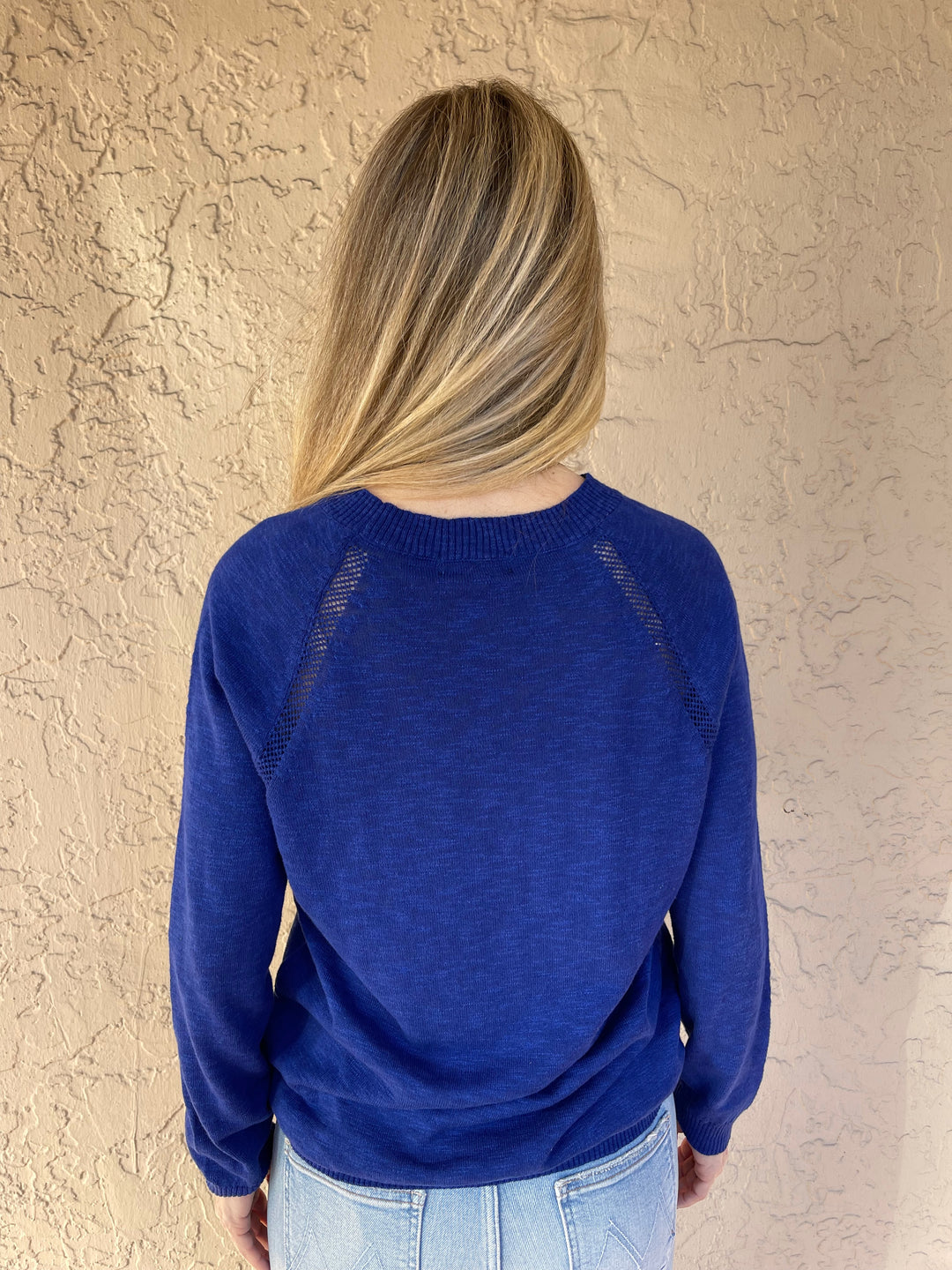 Barbara Katz Sweater Collection Cotton Linen Pointelle Crew Sweater - Galaxy Blue