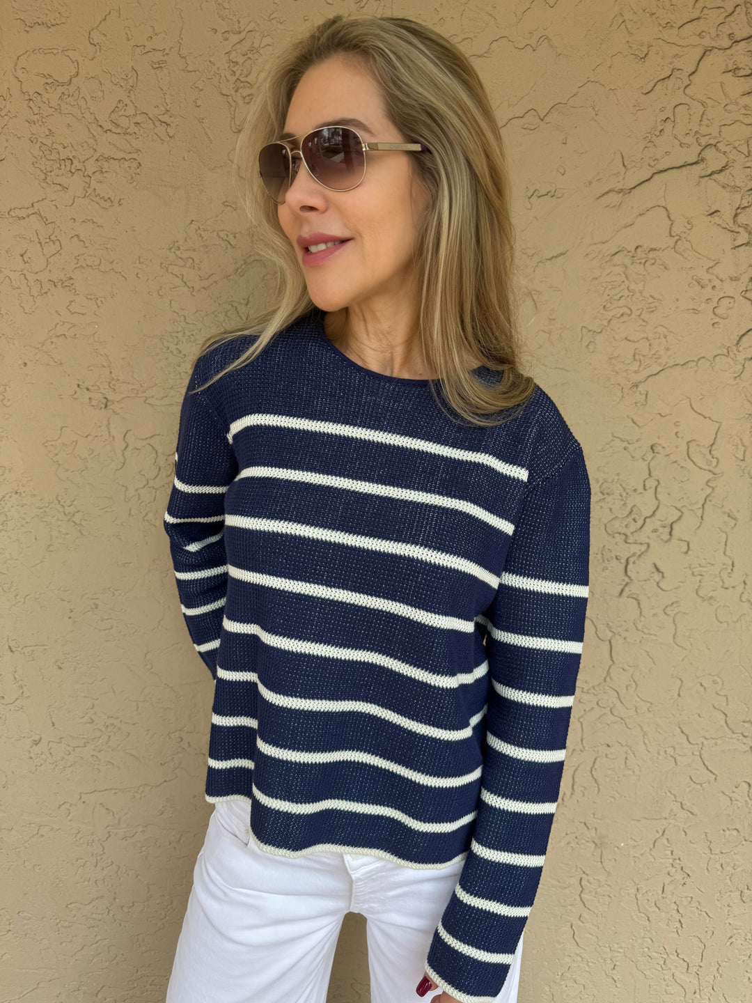 Barbara Katz Plaited Reversible Stripe Pullover in Midnight Combo