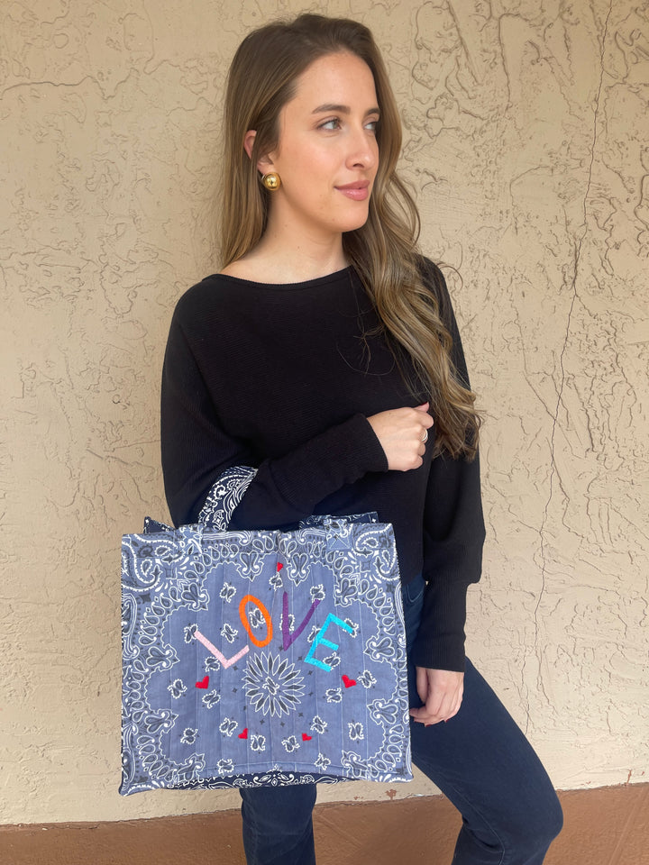 Call it by your name Quilted Medium Cabas Tote - Love - Chambray / Navy