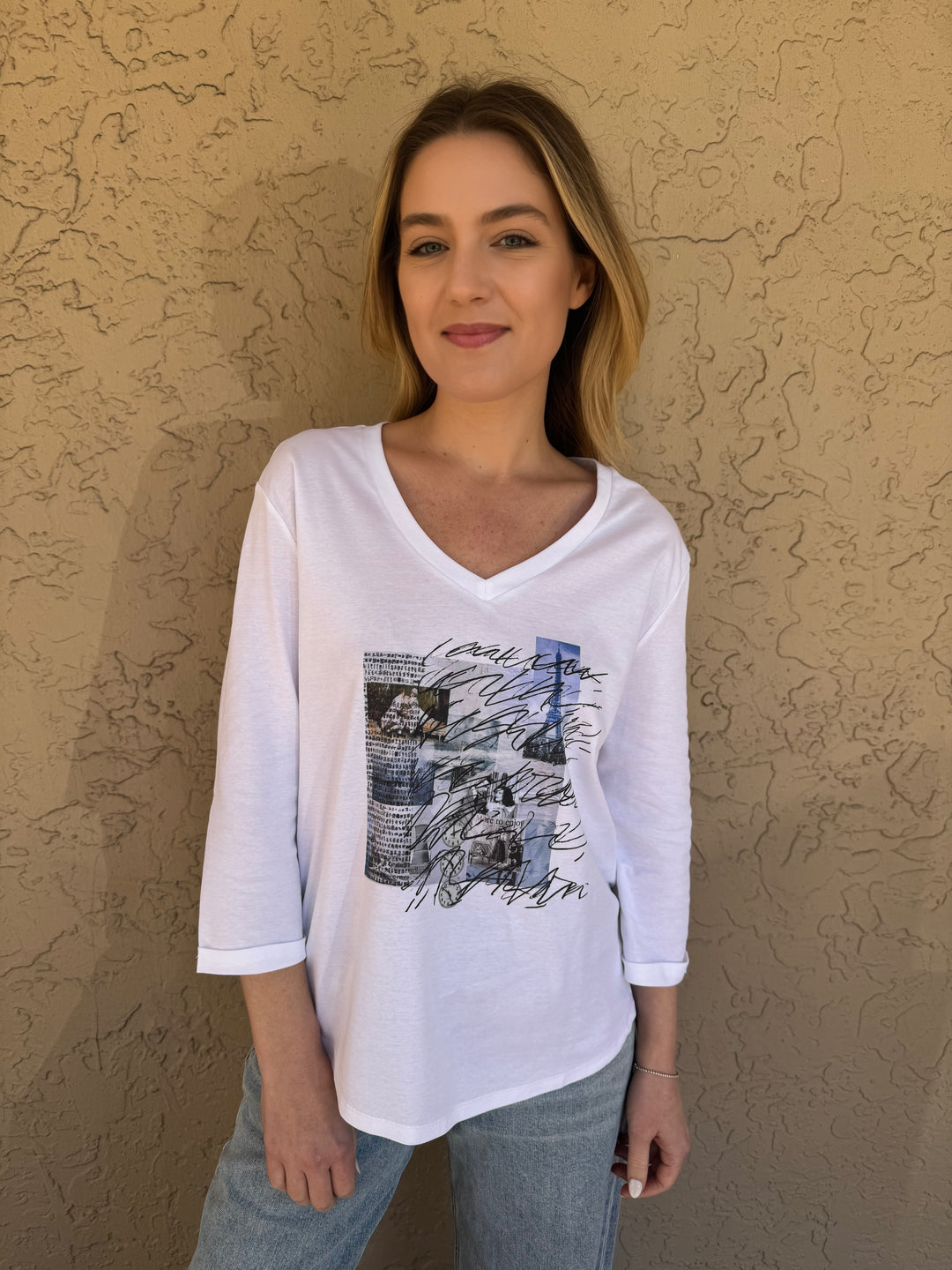 Suzi Roher Val 3/4 Sleeve V-Neck Tee in More To Enjoy White