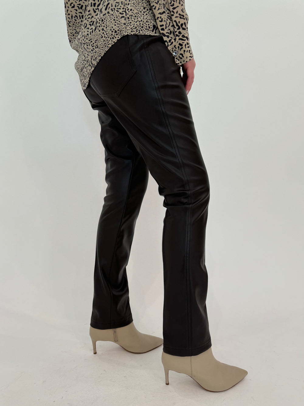 Peace of Cloth Jilian Brown Faux Leather Slim Jeans available at Barbara Katz
