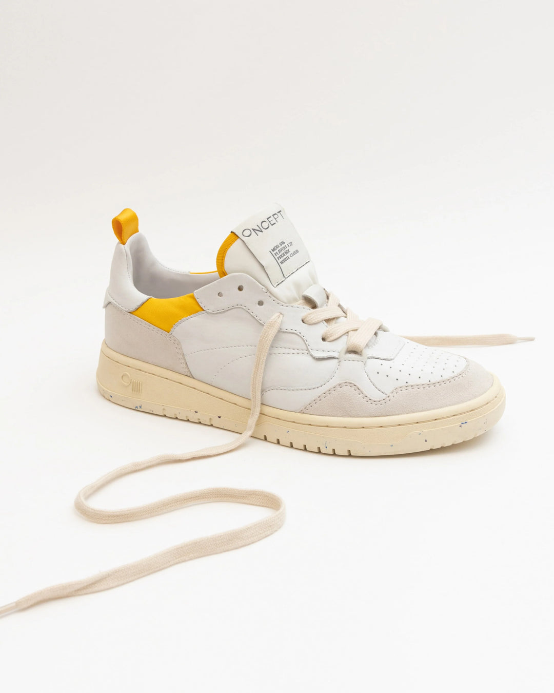 Oncept - Phoenix in White Cloud features a luxe colorway, organic cotton laces, butter leather and re-speckled soles. A modern mix on old school '90's style. 