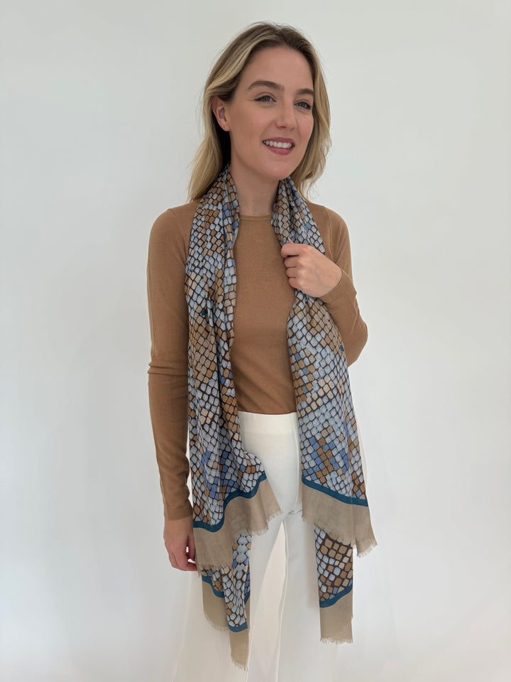 Kinross Cashmere Fitted Crew Sweater in Camel with Geometric Print Scarf available at Barbara Katz