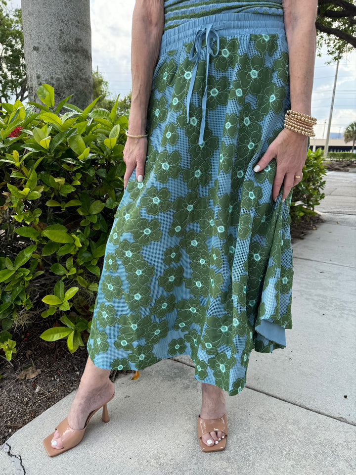 Essentiel Antwerp Feast Floral Embroidered Midi Length Skirt - Blue/Green