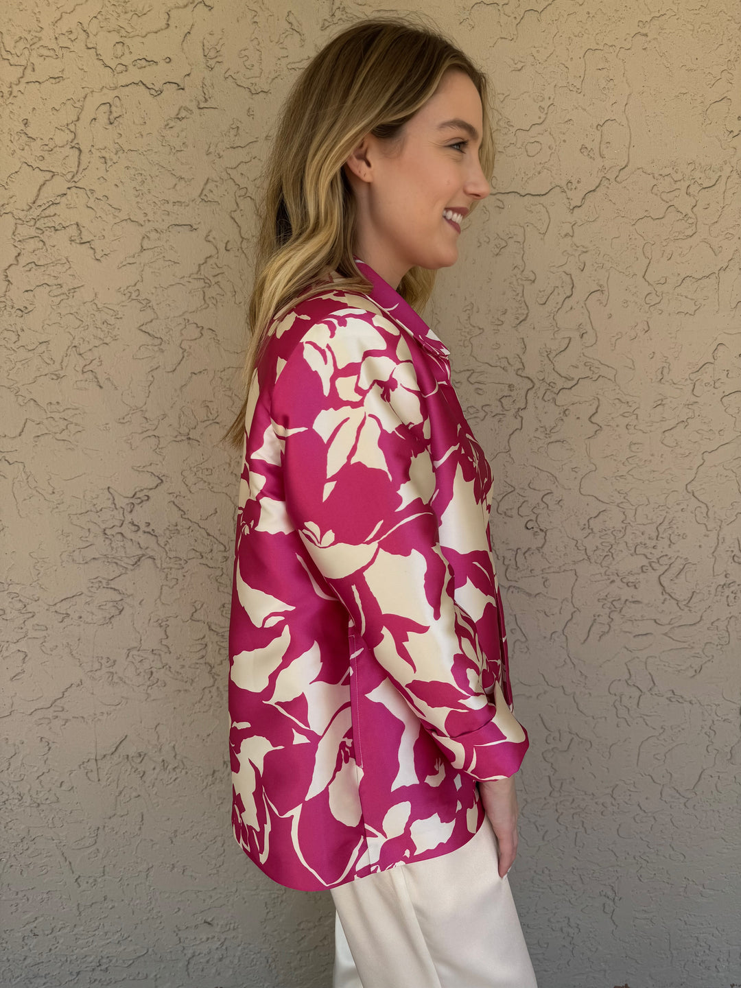 Caroline Rose Floral Print A-Line Jacket - Pink/Ivory