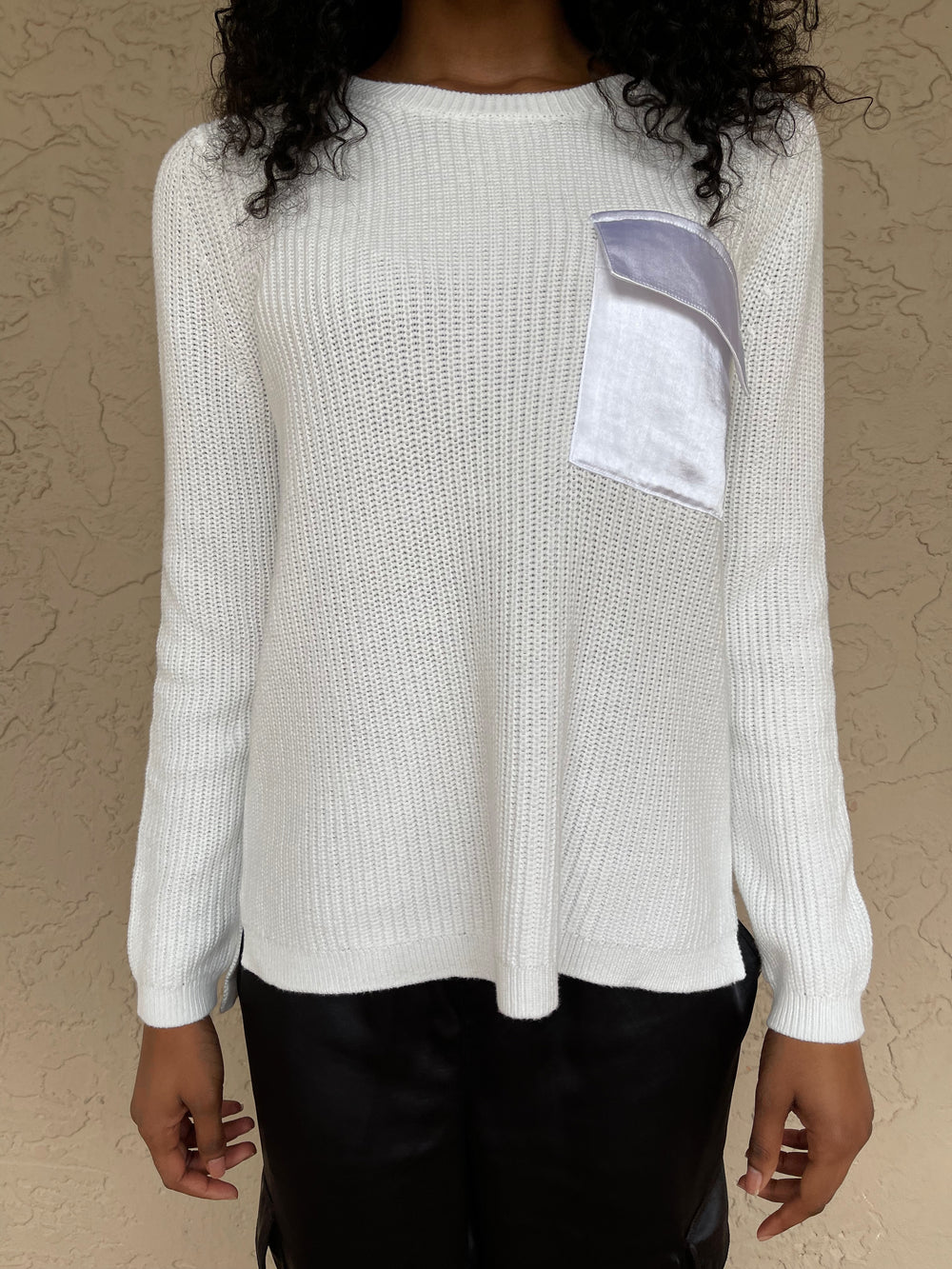 J Society Long Sleeve Satin Pocket Crew - White