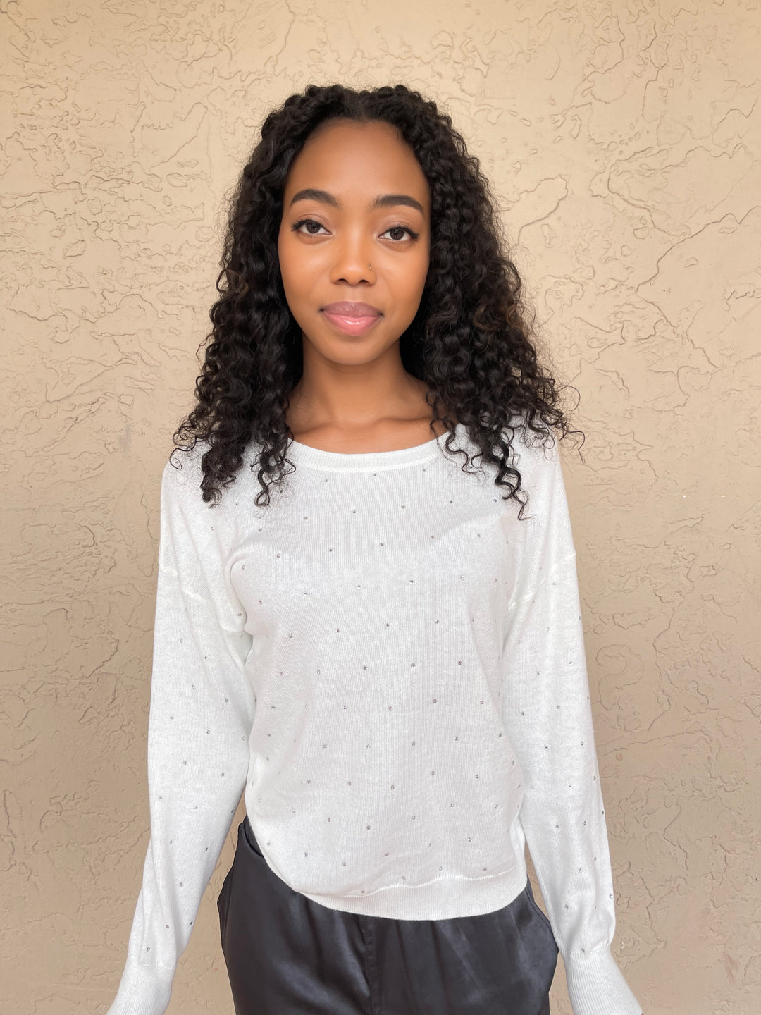 J Society Long Sleeve Rhinestone Sweater - Pearl