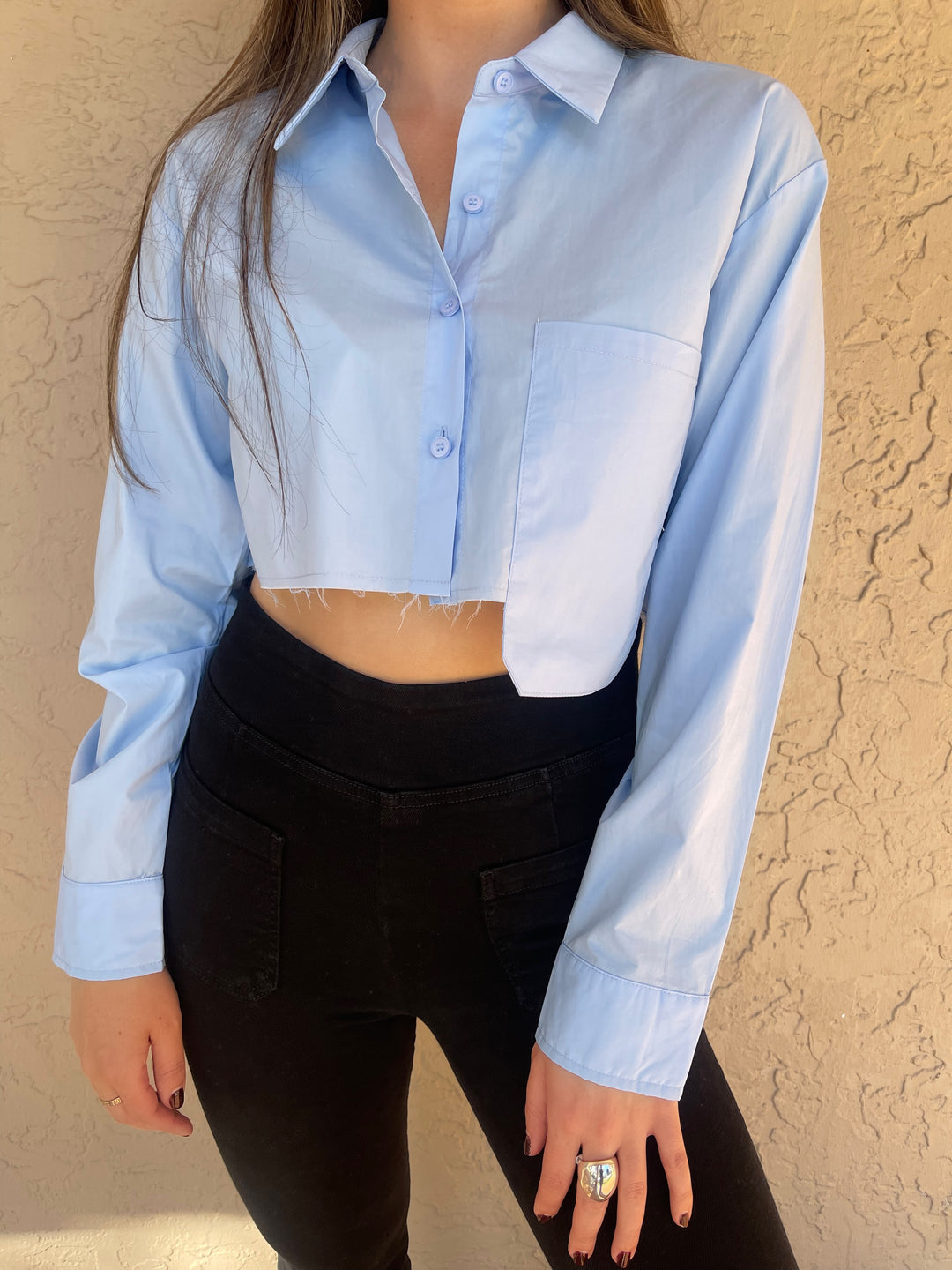 Cut Edge Cropped Pocket Shirt - Blue