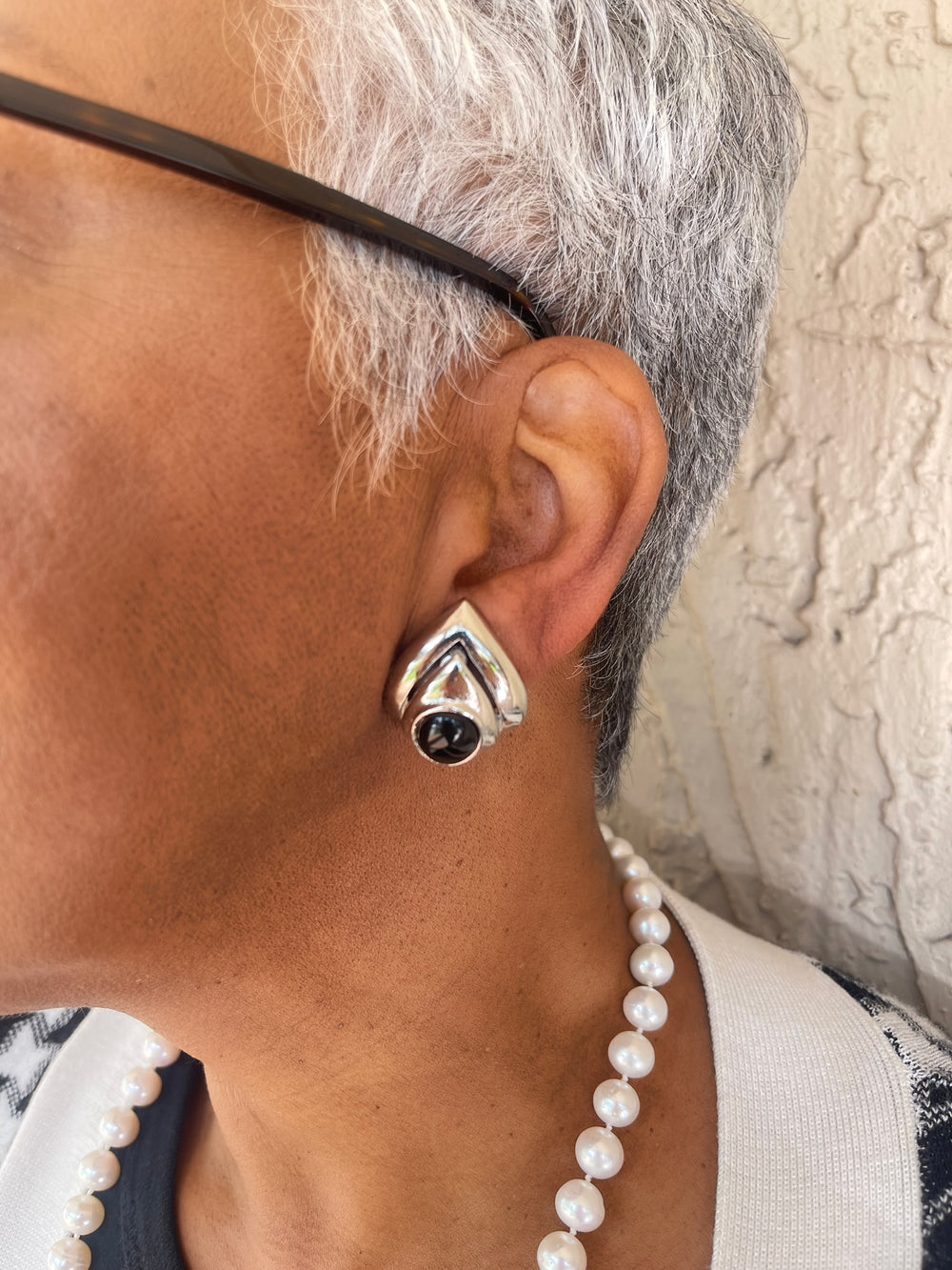 Ben Amun Triangle Shaped Earring with Black Stone - Clip On