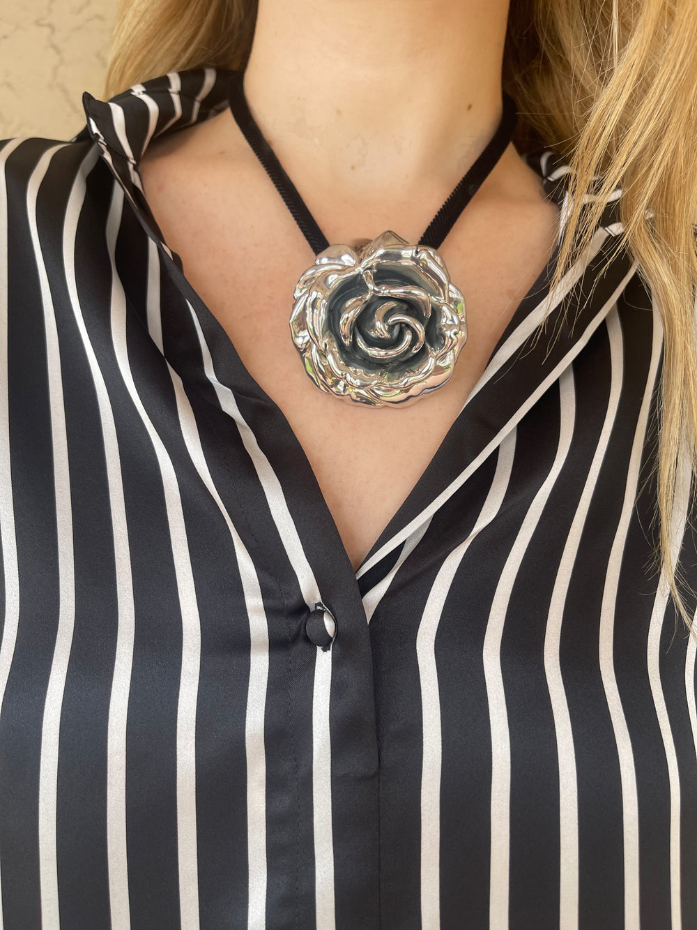 Simon Sebagg Black Velvet Necklace with Rose Pendent