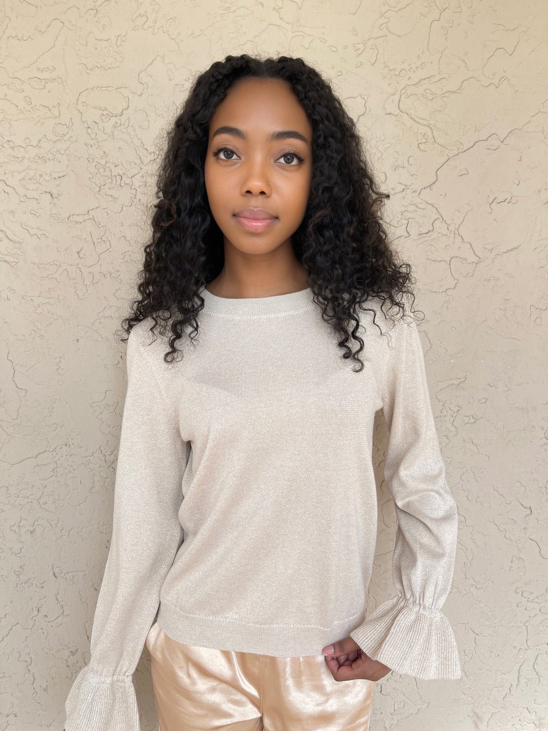 J Society Ruffle Sleeve Lurex Crew  - Gold