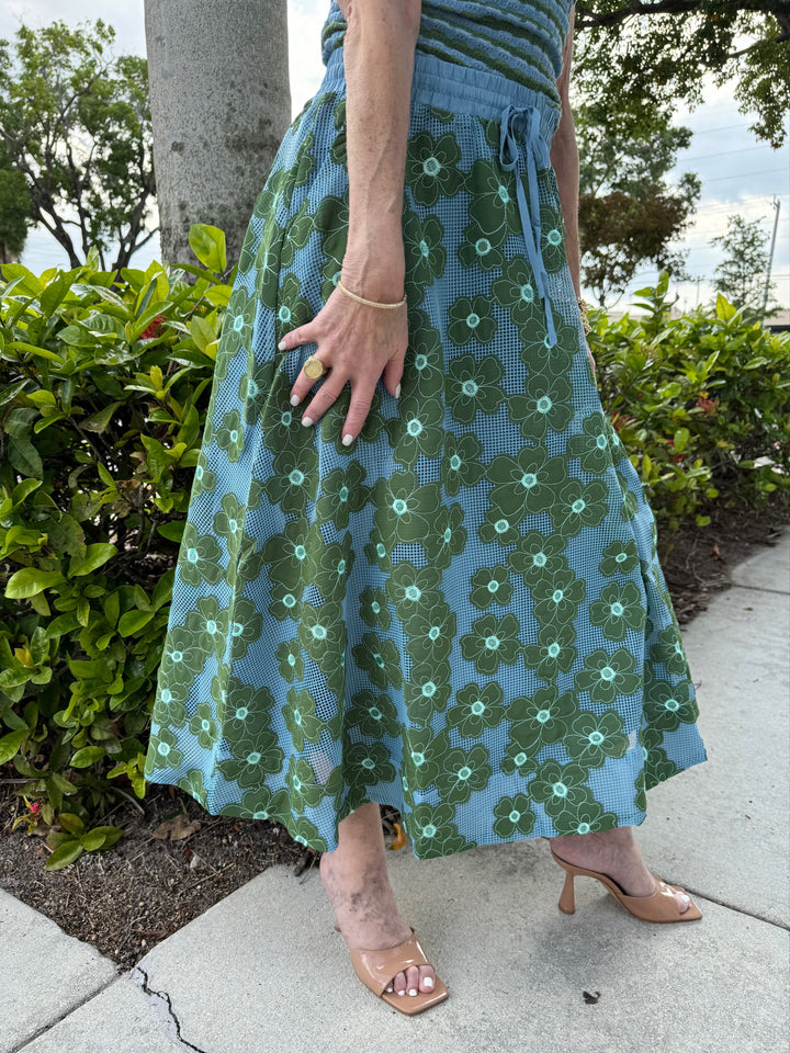 Essentiel Antwerp Feast Floral Embroidered Midi Skirt - Blue/Green