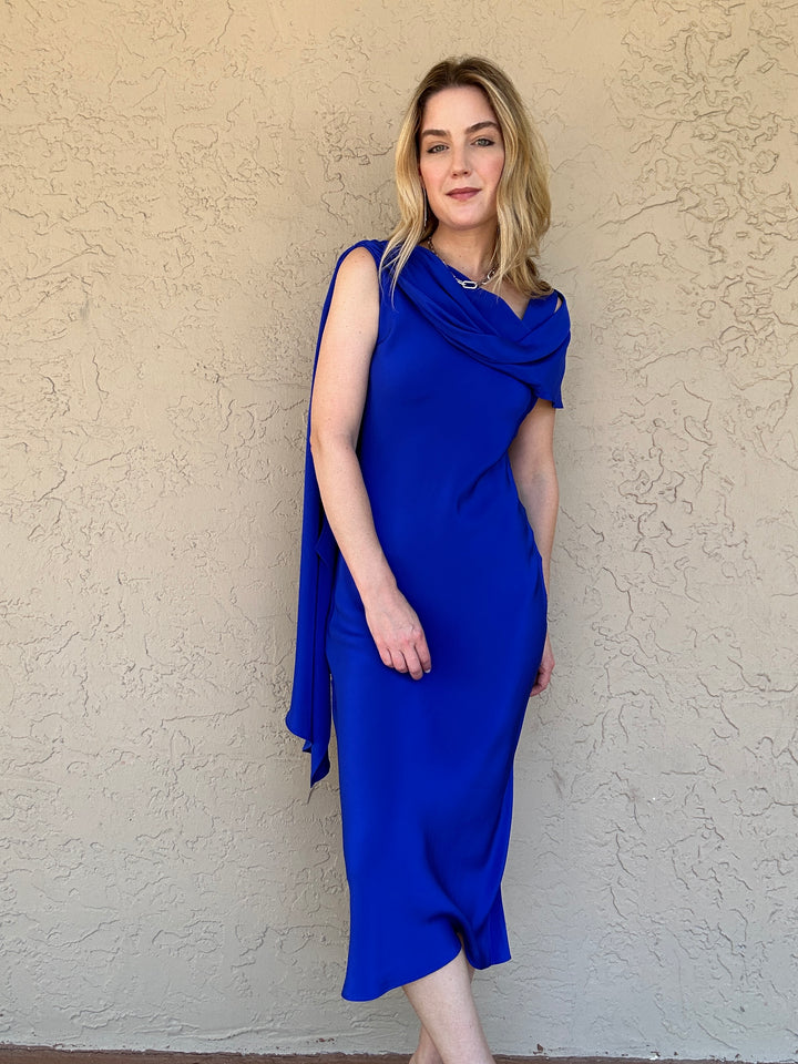 Diomi Crepe Drape Bias Tea Length Dress - Royal