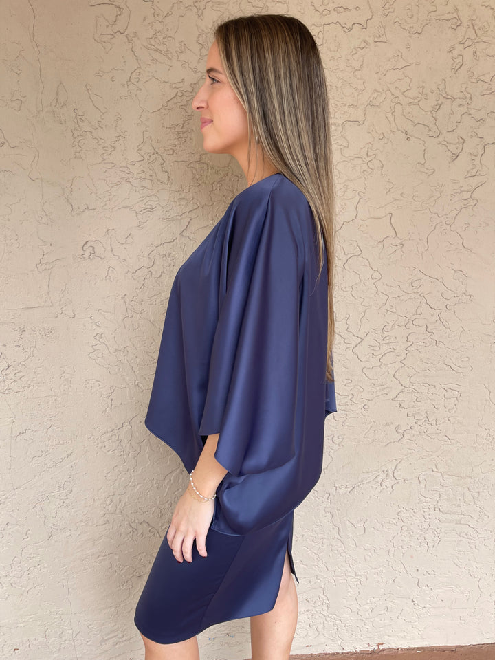 Satin Caplet Cocktail Dress - Navy