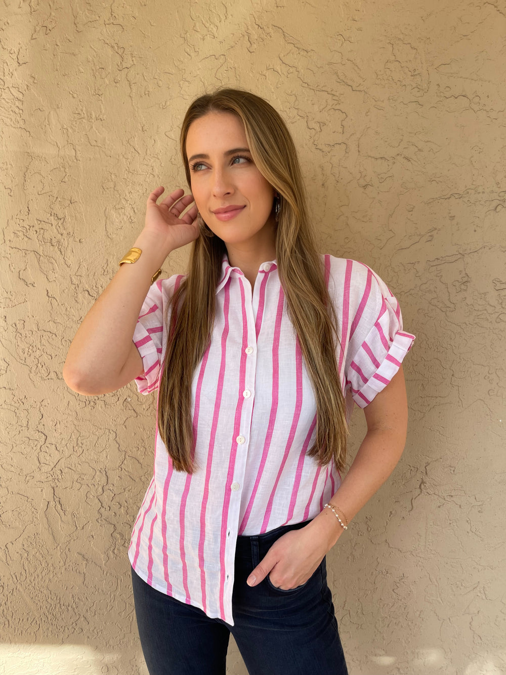 Finley Roll Sleeve Stripe Shirt - White/Pink