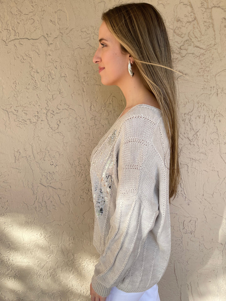 Gigi Moda Print Sweater - Tan/Silver