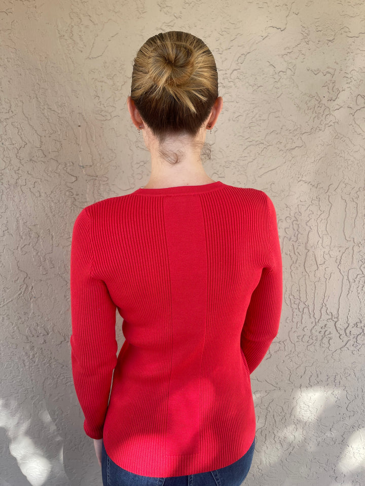 V-Neck Rib Sweater - Red