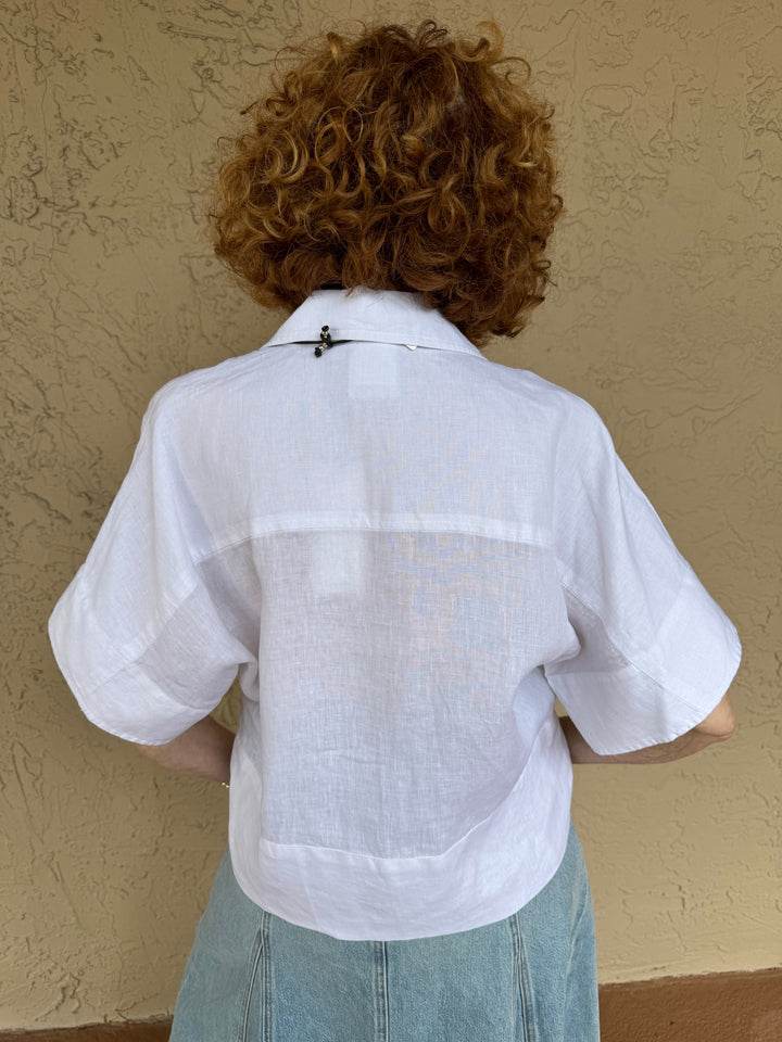 Finley Bennett Crop Linen Shirt in White - Back View