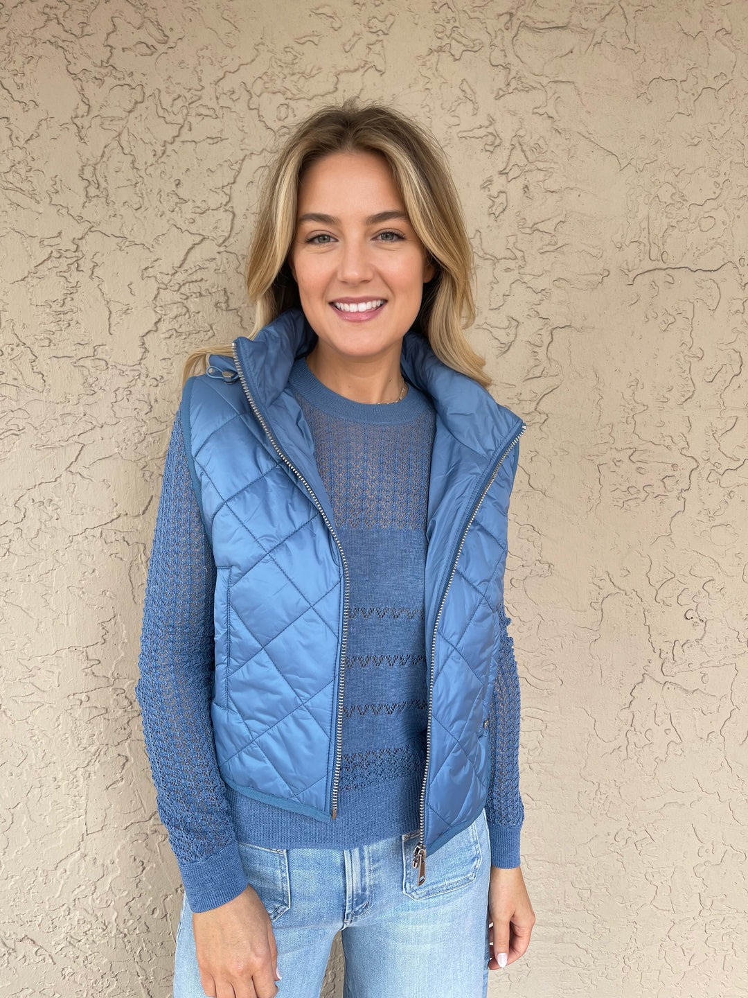 Adroit Atelier Romy Quilted Sleeveless Vest With Removable Hood - Blue Seaside