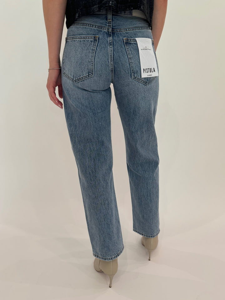 Pistola Lexi Mid Rise Bowed Straight Denim Jeans in Satellite available at Barbara Katz