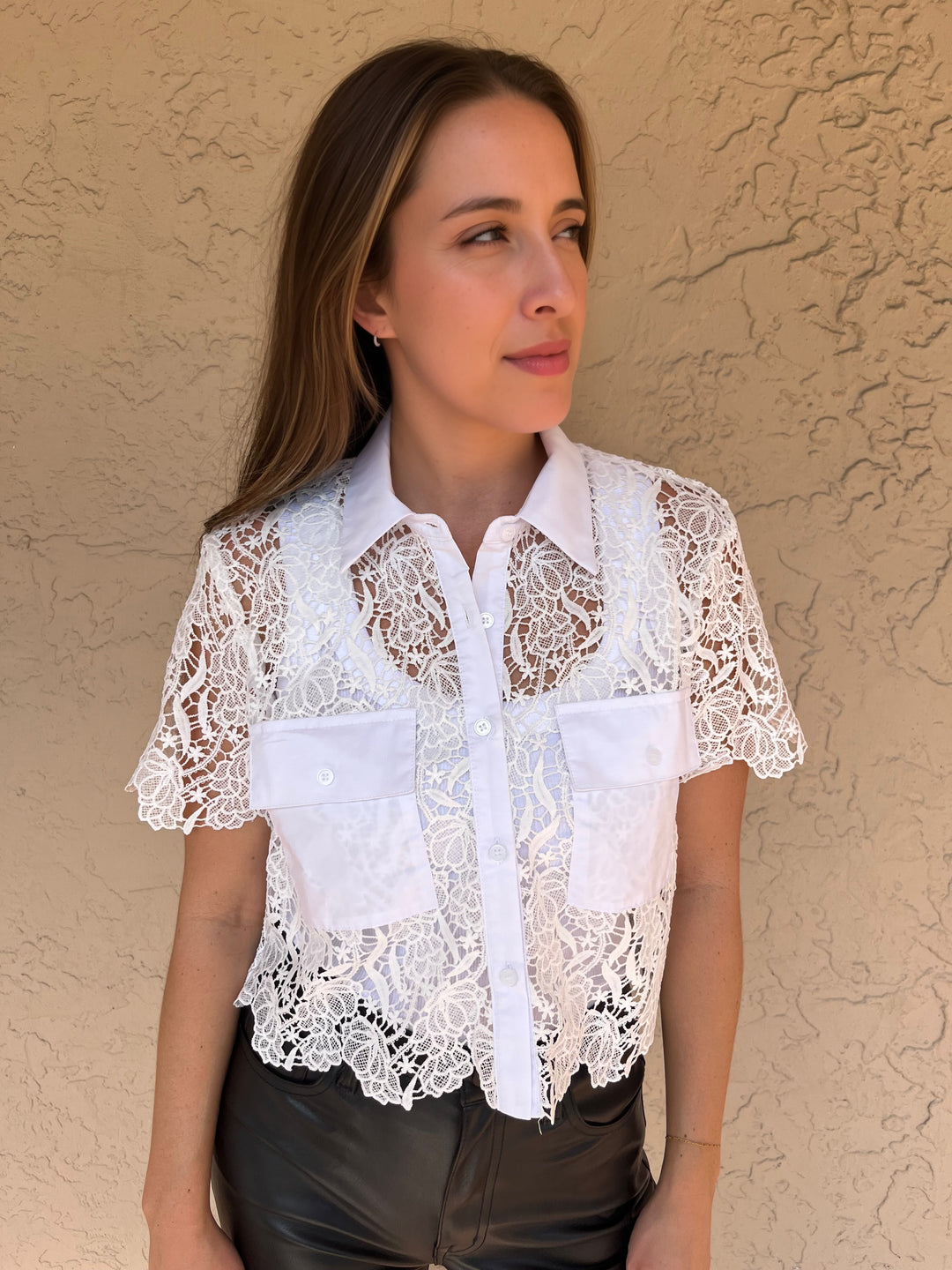 Contrast Lace Button Down Shirt - White