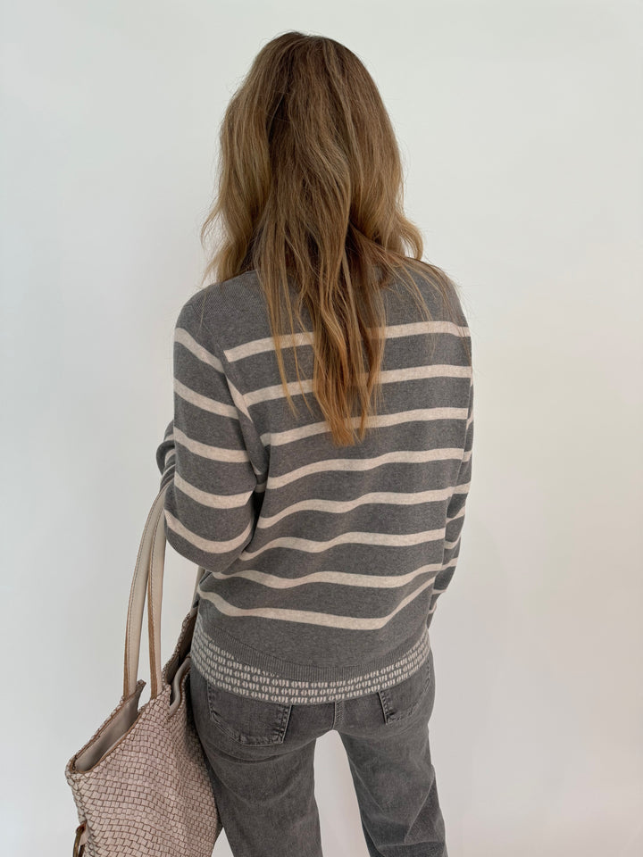 Oui Vega Stripe Double Layer Sweater in Grey/White available at barbarakatz.com