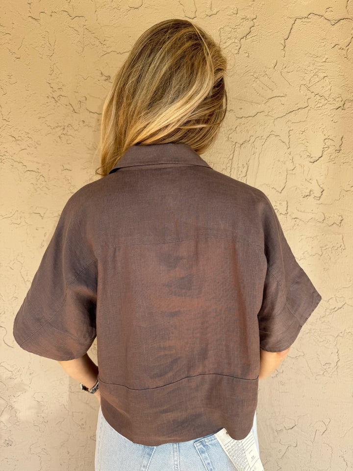 Finley Bennett Crop Linen Shirt in Mushroom - Back View