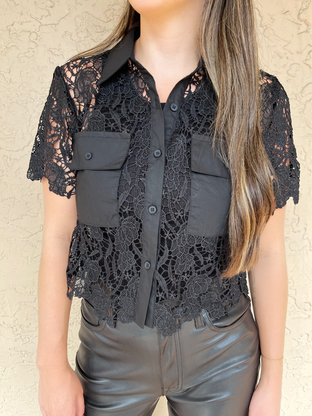 Contrast Lace Button Down Shirt - Black