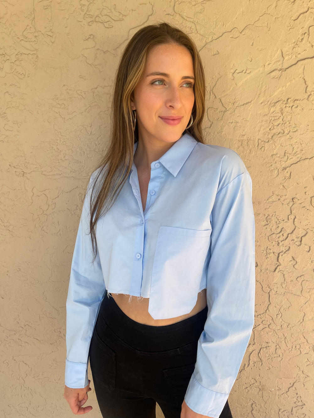 Cut Edge Cropped Pocket Shirt - Blue