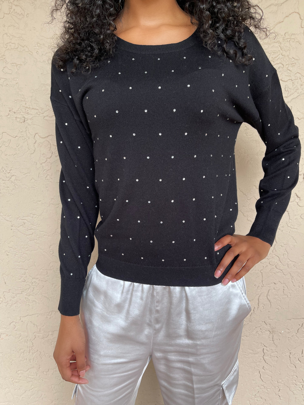 J Society Long Sleeve Rhinestone Sweater - Black