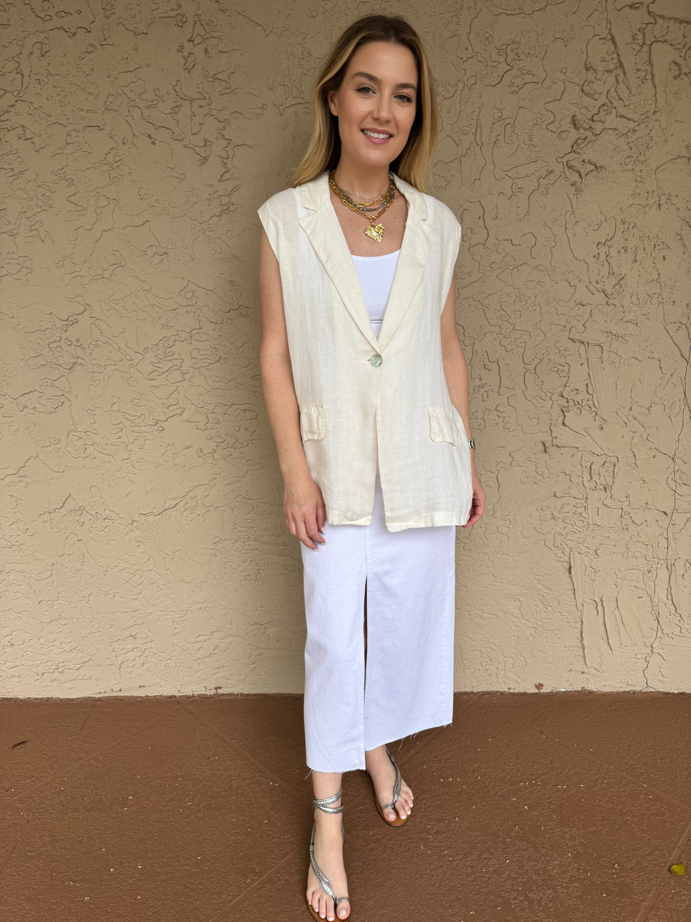 Barbara Katz Long Linen Vest - Ecru