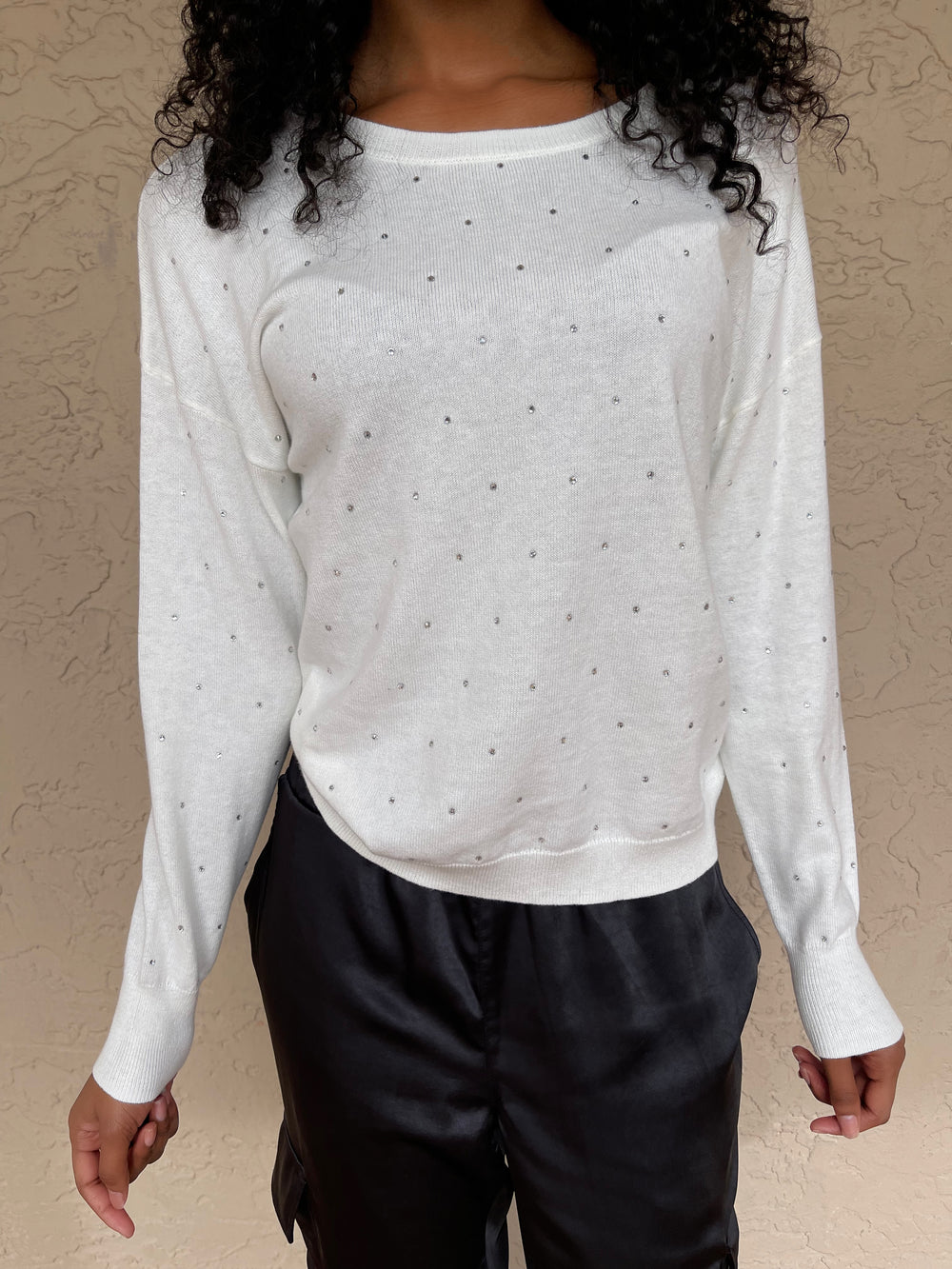 J Society Long Sleeve Rhinestone Sweater - Pearl