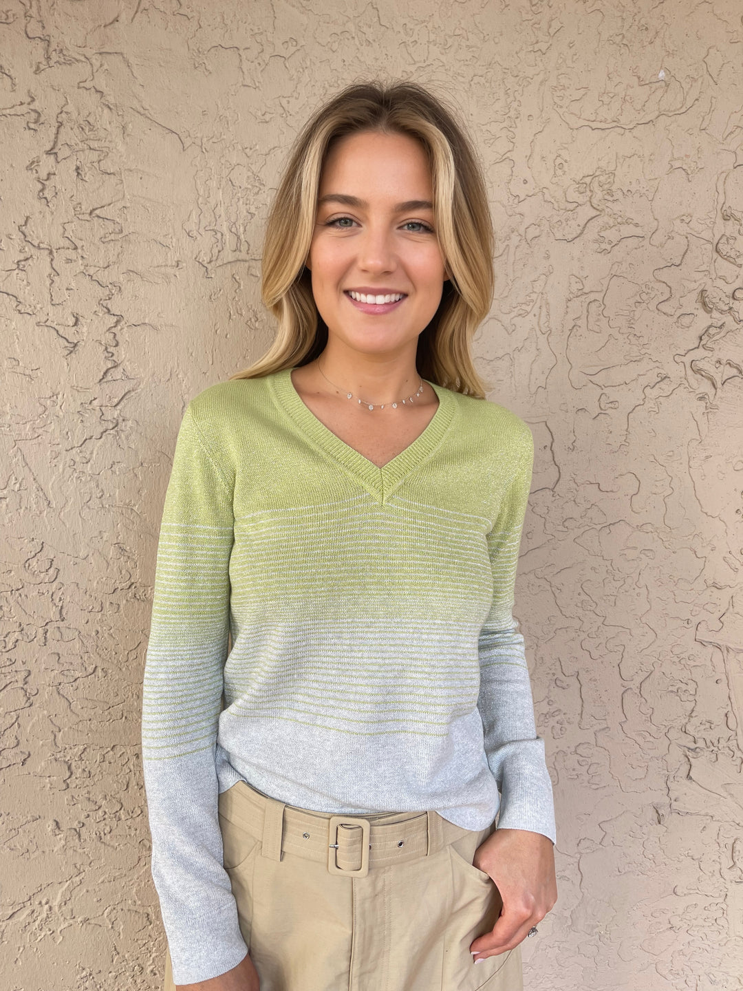 Dazzle Ombre VNeck Sweater - Green/Light Grey