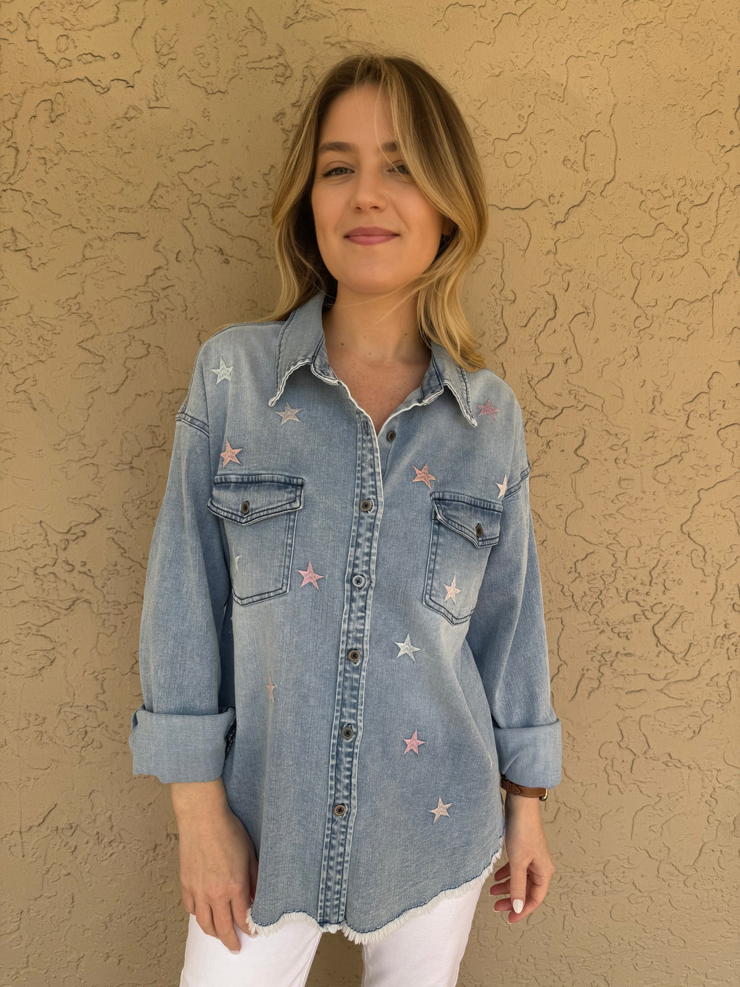 Barbara Katz Denim Star Embroidered Long Sleeve Shirt