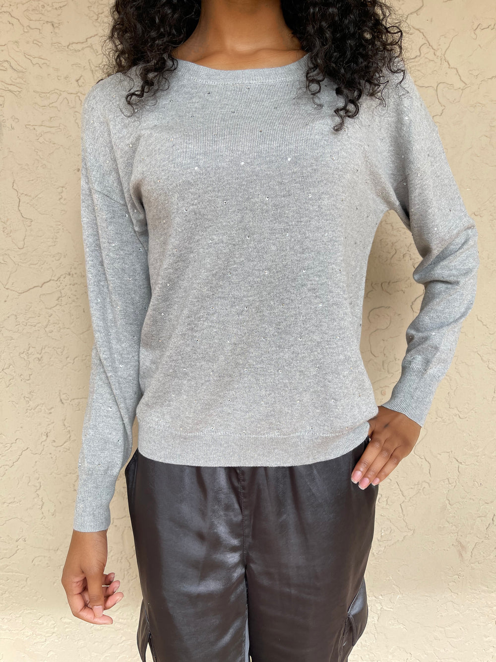 J society Long Sleeve Rhinestone Sweater - Platinum
