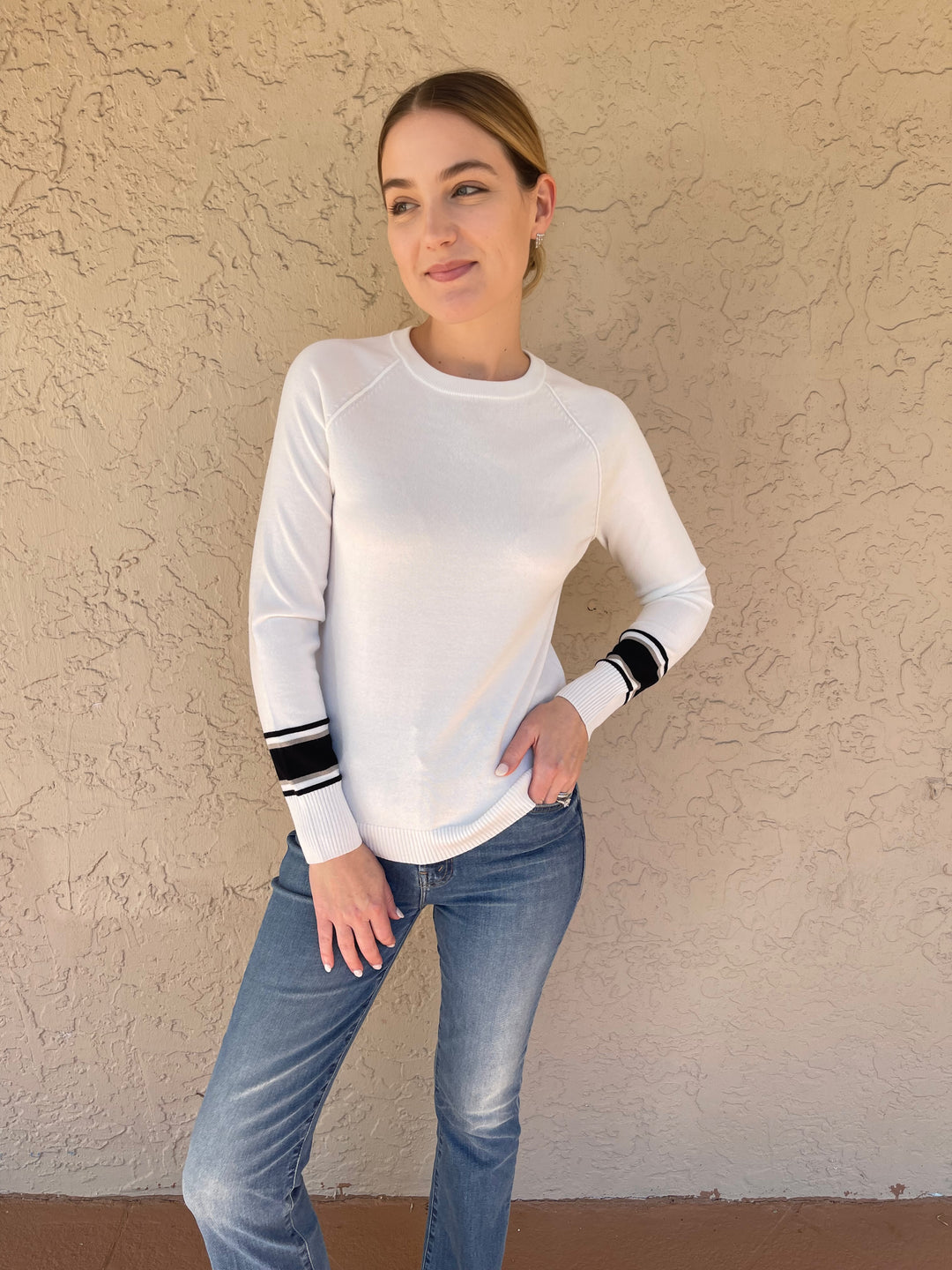 Long Raglan Pullover - Ivory Combo