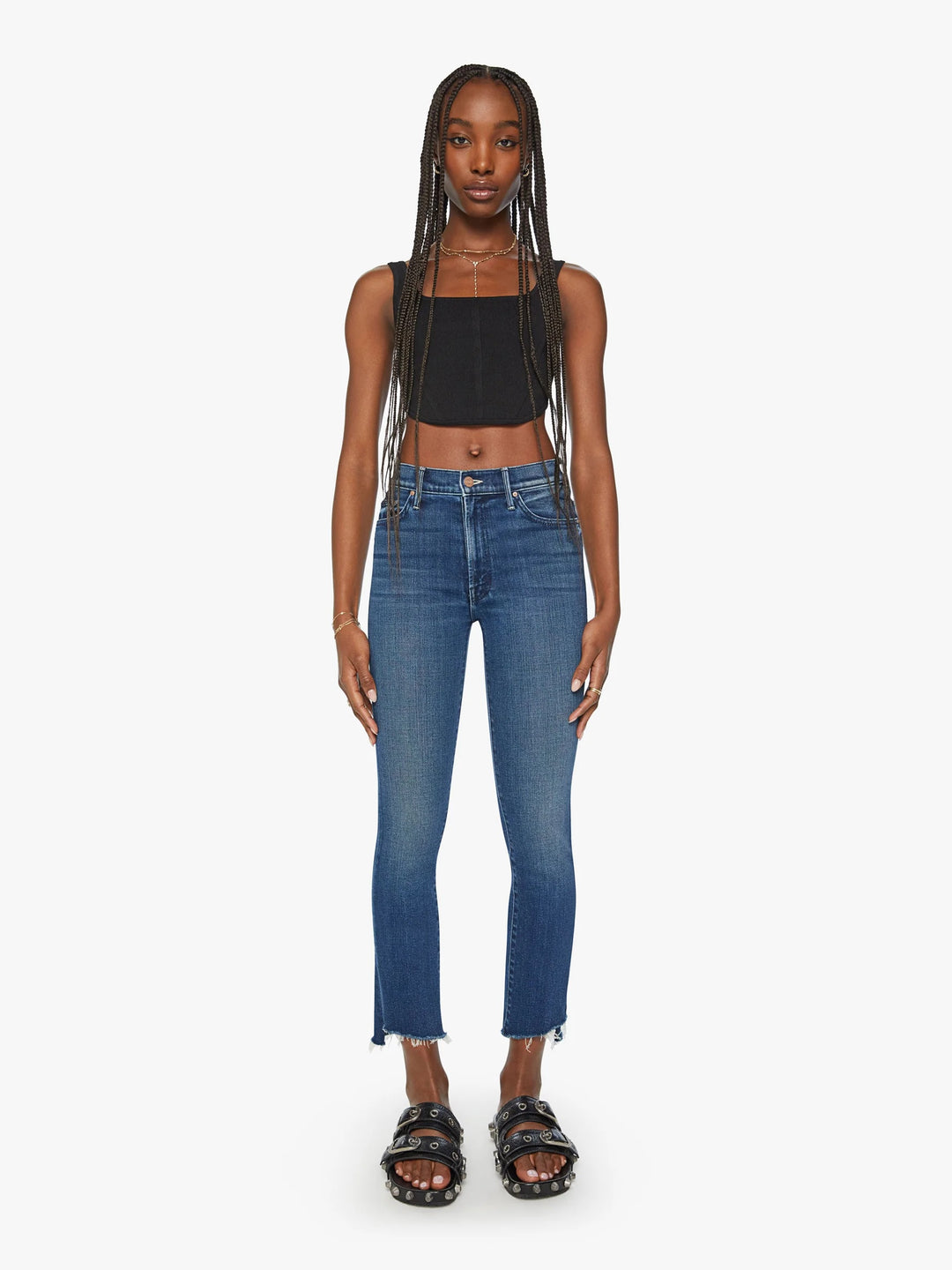 Mother - The Inside Crop Step Fray high-waisted bootcut is cropped at the ankle with a frayed step-hem.