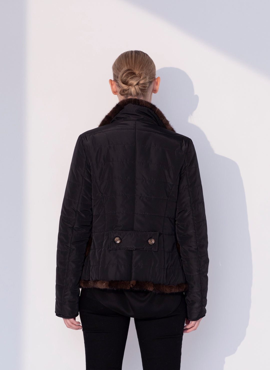 Notch Collar Quilted Jacket with Mink Trim Black/Brown