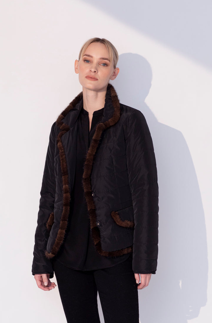 Notch Collar Quilted Jacket with Mink Trim Black/Brown