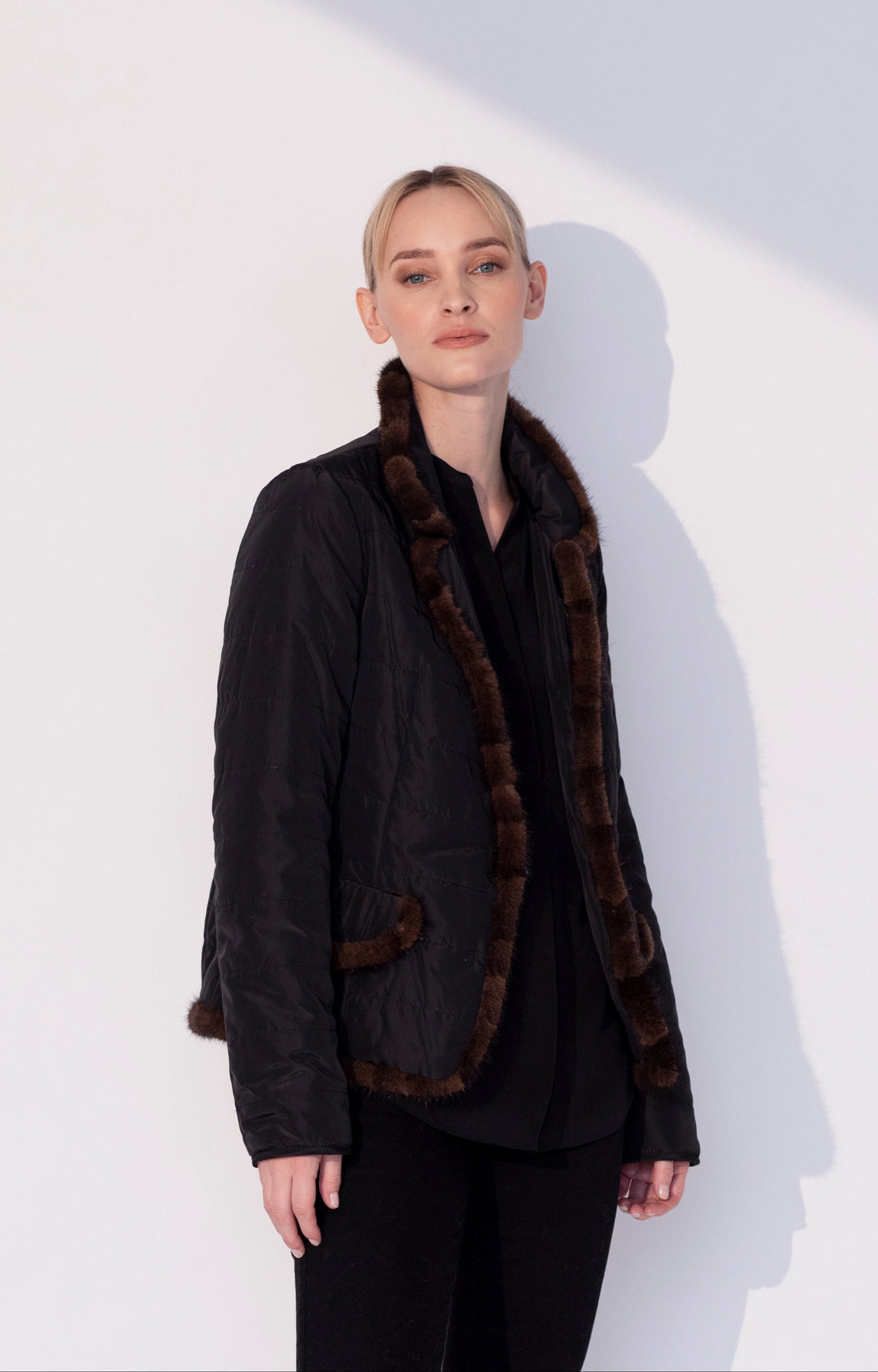 Notch Collar Quilted Jacket with Mink Trim Black/Brown
