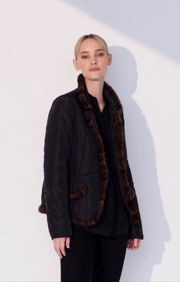 Notch Collar Quilted Jacket with Mink Trim Black/Brown