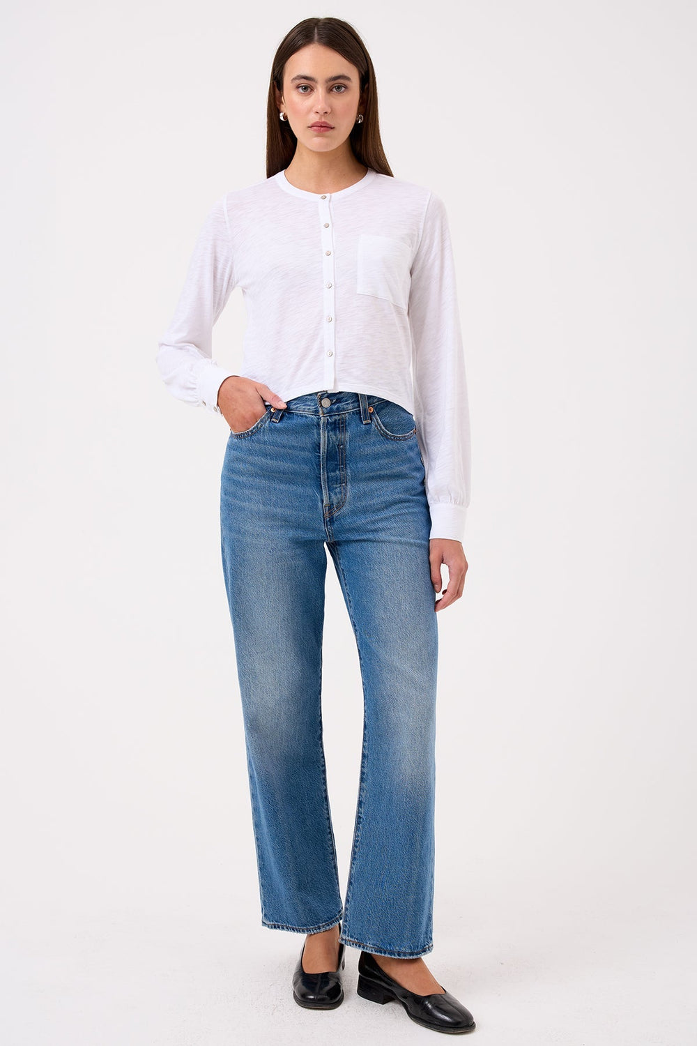 Goldie Julia Long Sleeve Crop Shirt in White available at Barbara Katz
