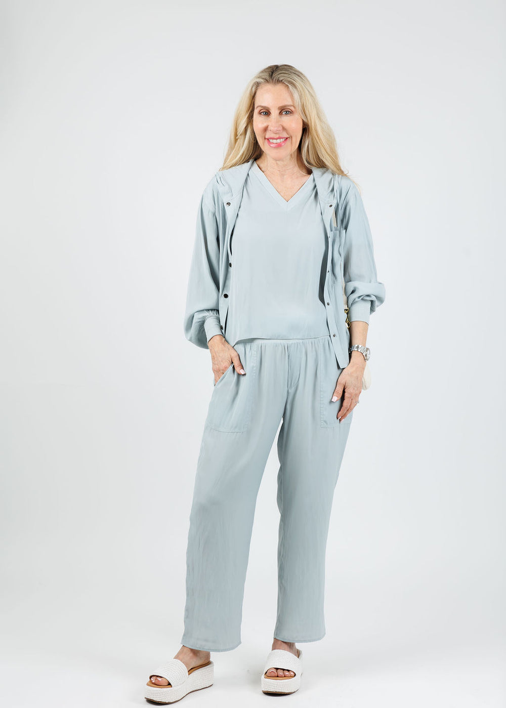 Lola & Sophie Grace V-Neck Hybrid Tee in Mineral paired with matching D Satin Cropped Pants available at Barbara Katz