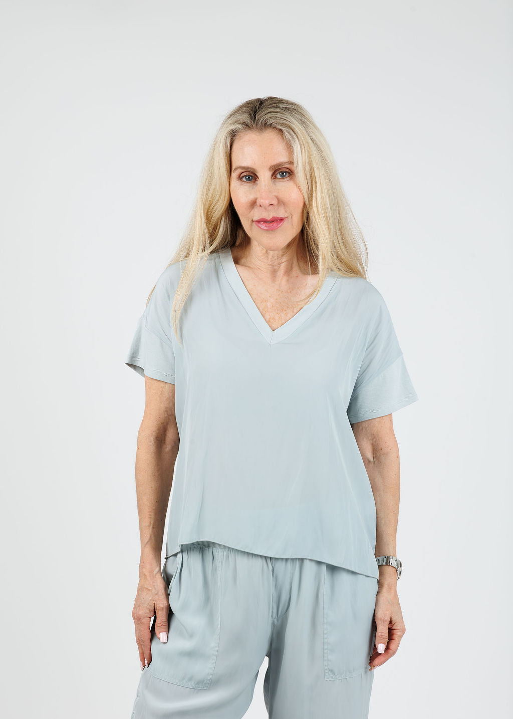 Lola & Sophie Grace V-Neck Hybrid Tee in Mineral available at Barbara Katz